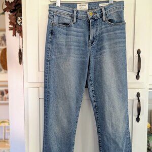 Womens FRAME Le High Straight Jeans Sz 26 Med Wash Cut-Off Hem Zipper Ankle